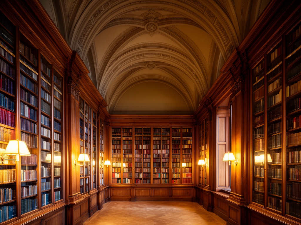 Interiér historické knihovny s řadami knih na dřevěných policích, teplé světlo lamp a klenuté stropy – evokuje akademické prostředí a hloubku vědění