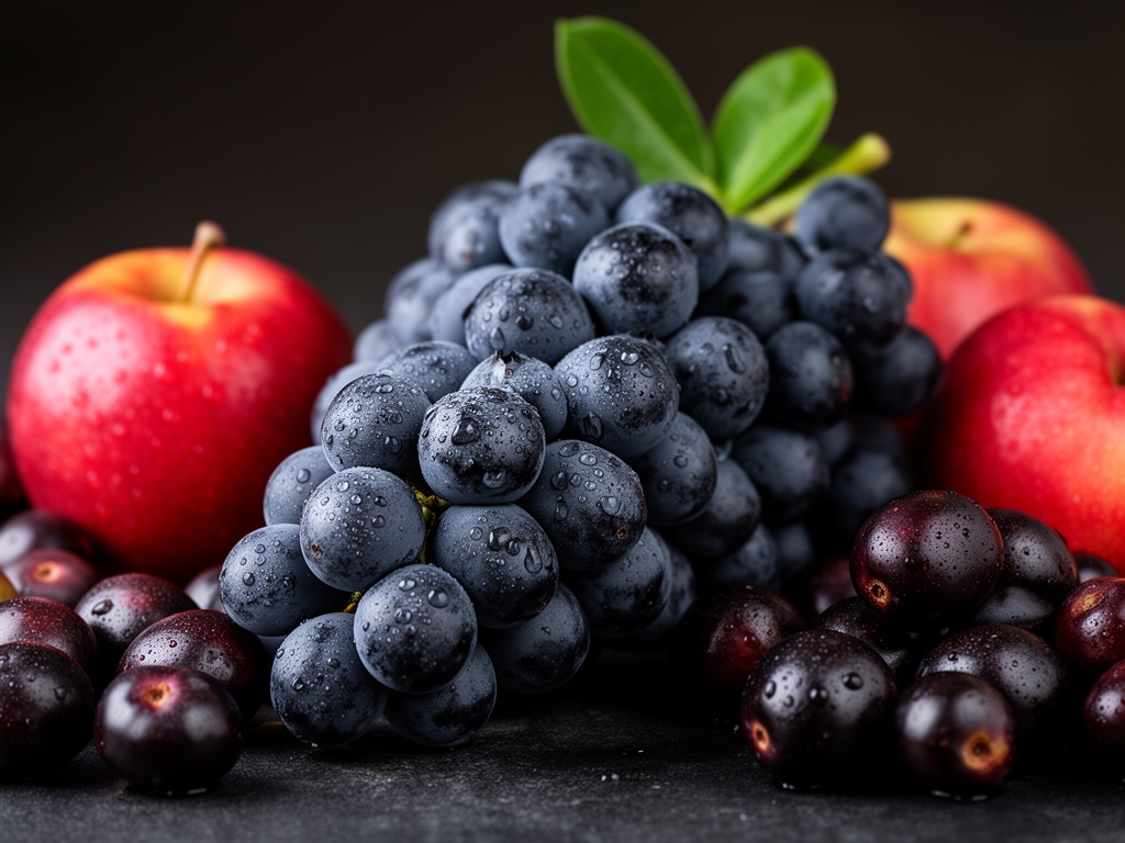 Blízký záběr hrozny tmavých borůvek, granátových jablek a plodů acai na tmavém přirozeném pozadí s kapkami vody na povrchu plodů