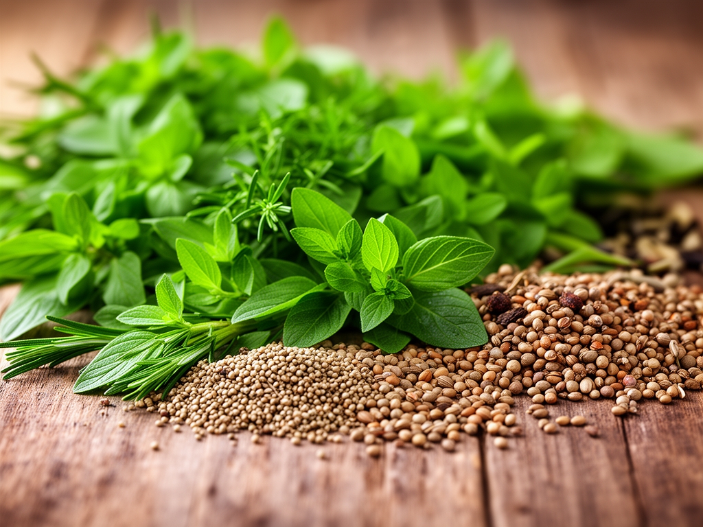 Detailní záběr čerstvých bylin, semen a přírodních ingrediencí na dřevěném povrchu s jemně přirozeným osvětlením – tematická ilustrace přírodních zdrojů výživy